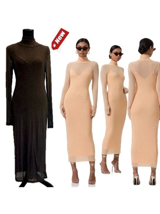 AFRM Dresses & Skirts - AFRM Los Angeles dark brown Shailene crystal Rhinestone embellished mesh Dress L